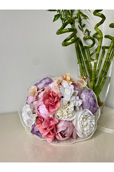 Çiçek Pastel Tonlarda Yapay Buket Gelin Buketi İnci Tüllü Buket Solmayan Nişa...