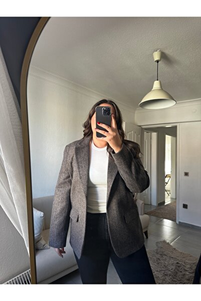 bestie co Kadın Vizon Cep Detaylı Kemerli Vatkalı Çizgili Oversize Astarlı Bl...