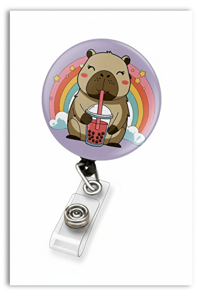 Mia Aurora حامل بطاقات يويو بتصميم قوس قزح على شكل كابيبارا يشرب شاي الفقاعات...