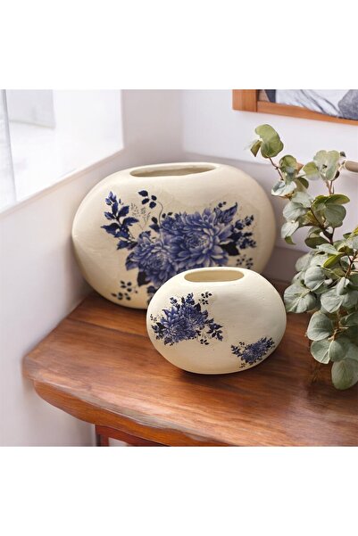 Cea Home Studio El Yapımı Mavi Çiçek Desenli Seramik Vazo Seti (2’li)