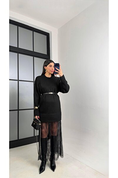 Gaus Siyah Dantel Detaylı Triko Elbise GAUS-001037