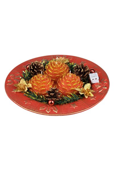 OEM Platou Decorativ de Craciun cu 3 Lumanari Rosii & Conuri 24cm