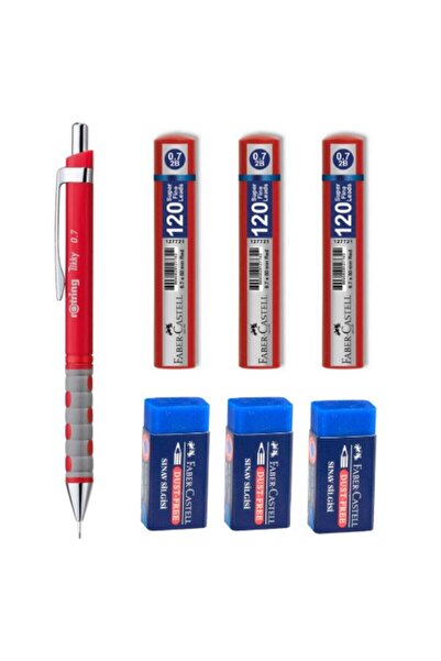 Rotring قلم تيكي 0.7 أحمر مع 3 ممحاة و3 رؤوس قلم - أحمر