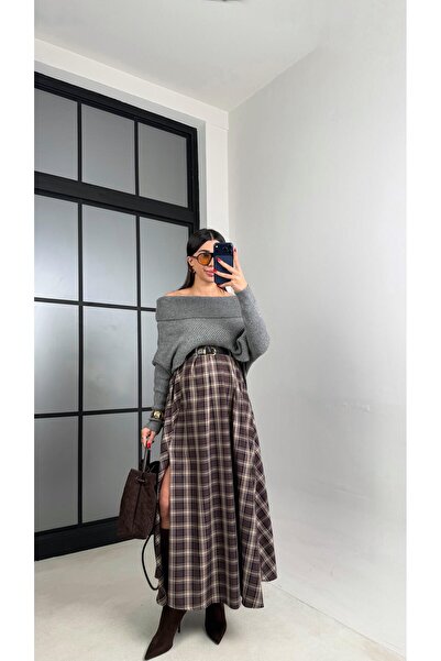 Gaus Bej Kahve Yırtmaçlı Kemerli Ekose Desenli Etek GAUS-01065