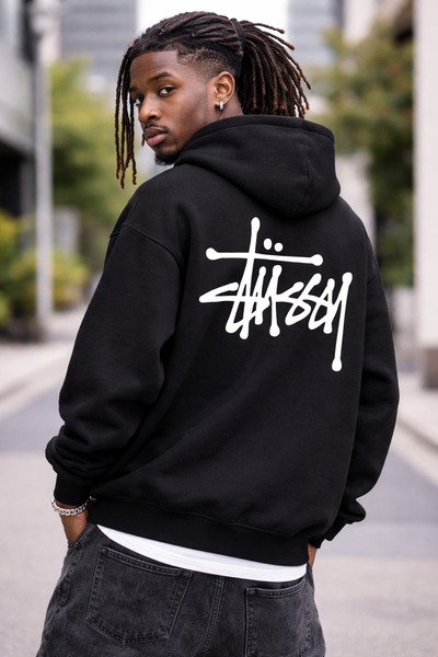 CAMBLYS سترة هودي مطبوعة بشعار STUSSY من الأمام والخلف، مطبوعة على الظهر، قصة...