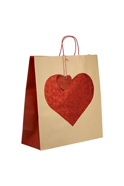 OEM Brown Kraft Gift Bag with Red Glitter Heart 43x16x45cm