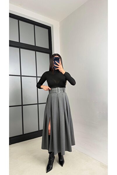 Gaus Gri Yırtmaçlı Kemerli Pinterest Etek GAUS-01068