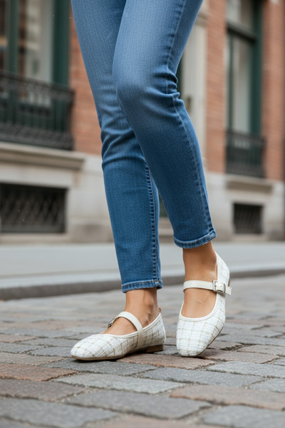 MARCO BLACK Women's Beige Tweed Fabric Casual Daily Comfortable Flat Sole Cla...