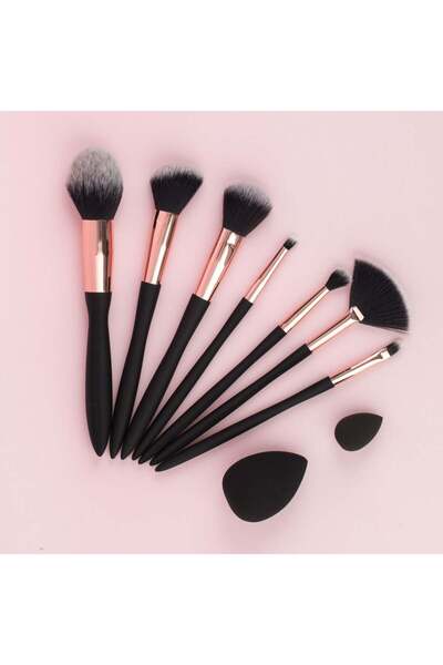 OEM Makeup Brushes & Sponges Set Black Rose Gold for Face & Eyes - 9pcs