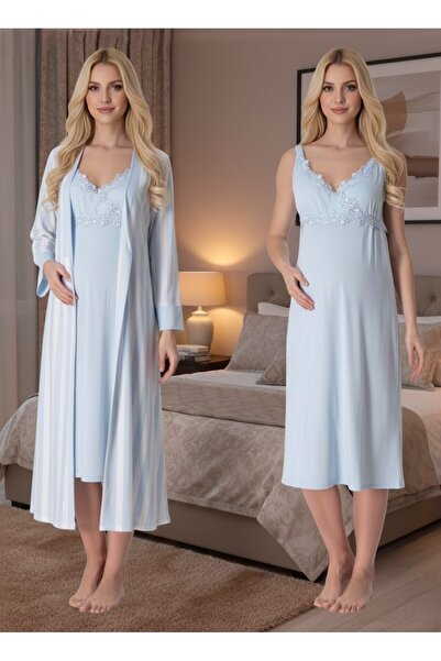 Lohusa Homewear New Season Blue Striped Summer Lace Detailed Strap Stylish Ma...