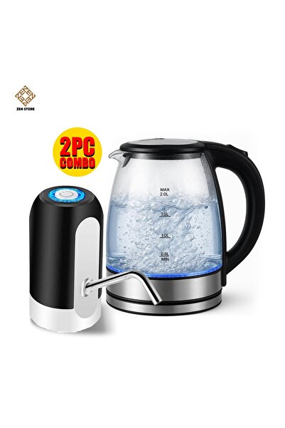 Zen Store مضخة مياه + غلاية كهربائية زجاجية، سعة 2 لتر، 1500 واط (مجموعة من ق...