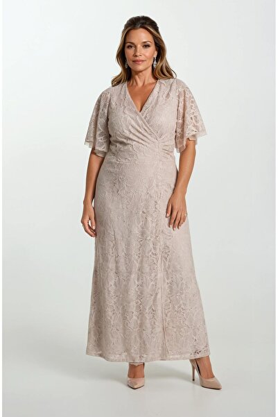 Spazio Giarrico Kruvaze Yaka Volanlı Kol Uzun Abiye Elbise VİZON