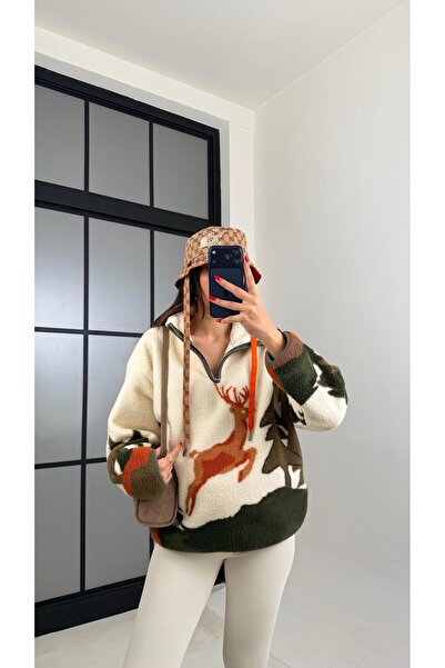 Gaus Ekru Fermuarlı Geyik Desenli Polar Sweatshirt GAUS-00723 GAUS-00944