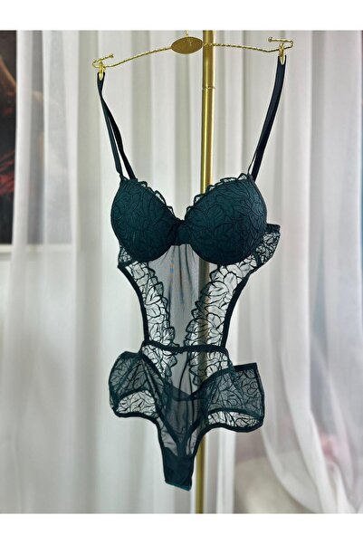 DİA SENSE Kadın Zümrüt Yeşili Dantelli Balenli Destekli Göğüs Dekolteli Trans...