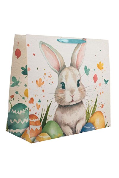 OEM Sacosa Cadou Alba cu Model Iepuras Oua Vopsite & Glitter Holografic 45x18...