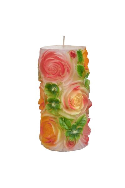 OEM Lumanare Roz Portocalie cu Model Trandafiri Reliefati Ø7x14.5cm