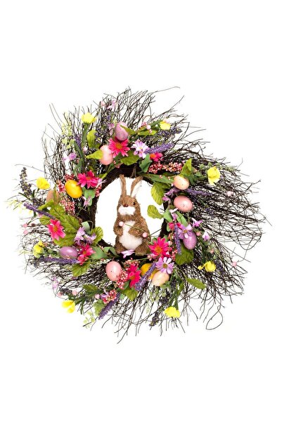 OEM Decorative Easter Wreath with Rabbit, Pastel Colored Eggs, Flowers & Frui...