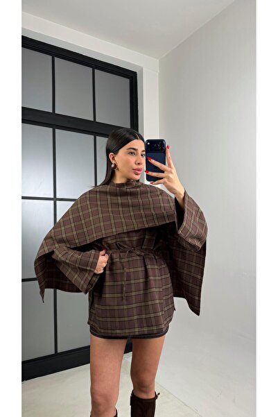 Gaus Kahve Şal Detaylı Kuşaklı Tasarım Ekoseli Gömlek GAUS-01058