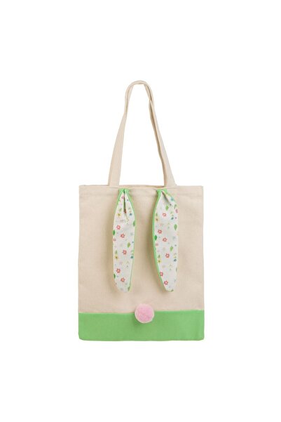 OEM Sacosa Cadou Textila Bej cu Urechi Verzi & Pompon Roz 30x38cm