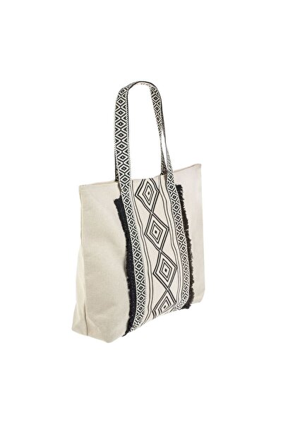 OEM Τσάντα Θαλάσσης Εκρού με Μαύρο Γεωμετρικό Σχέδιο 56x13.5x41εκ.