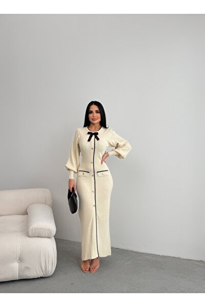 LİLA İSTANBUL Crew Neck Knitwear Dress with Bow Detail on the Front (Standard...