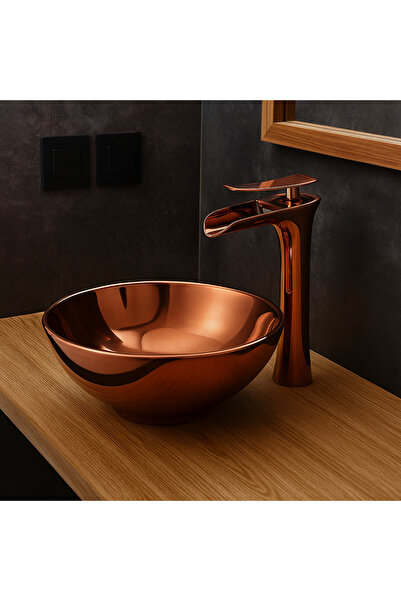 banyosepeti Cascade Rose Gold Bakır Çanak Lavabo Bataryası – Yüksek Form, Pir...