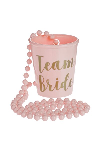 OEM Pahar Shot din Plastic Roz "Team Bride" cu Lant Margele - 50ml