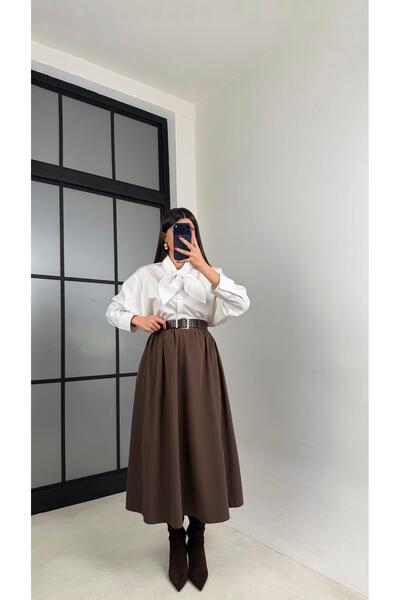 Gaus Acı Kahve Cepli Kemerli Etek GAUS-00996