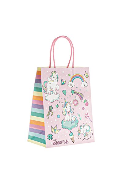 OEM Sacosa Cadou din Carton Kraft Roz Unicorn Curcubeu 18x10x23cm