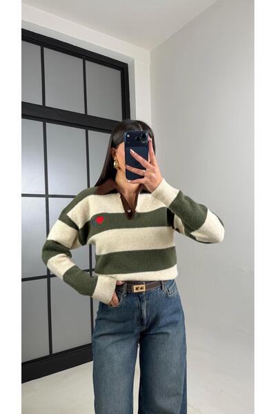 Gaus Yeşil Polo Yaka Çizgili Yumuşak Dokulu Kazak GAUS-01099