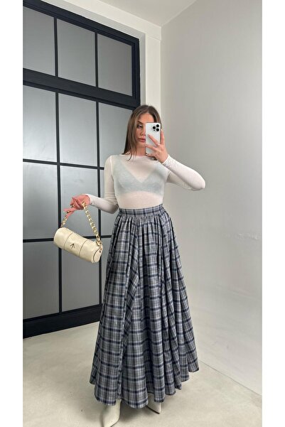 Gaus Mavi Beli Lastikli Pileli Ekose Desenli Etek GAUS-01056