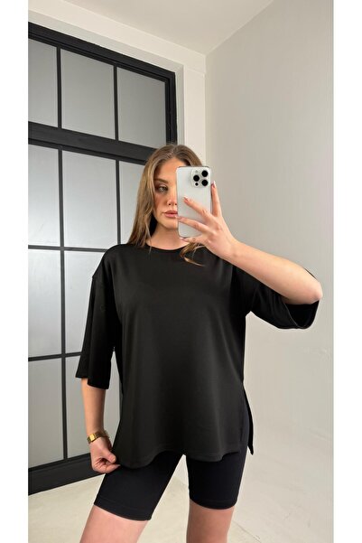 Gaus Siyah Basic Yırtmaç Detaylı Modal Tshirt GAUS-01060