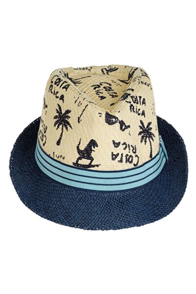 OEM Шапка в естествен цвят със сини шарки по канта и синя раирано панделка за...