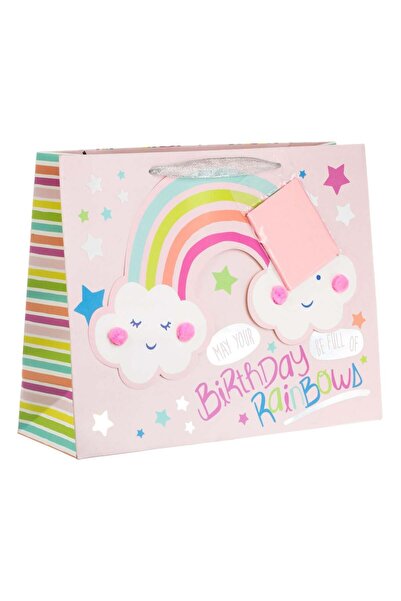 OEM Χάρτινη Τσάντα δώρου για γενέθλια ροζ ουράνιο τόξο σύννεφο πομπόμ ροζ χαρ...