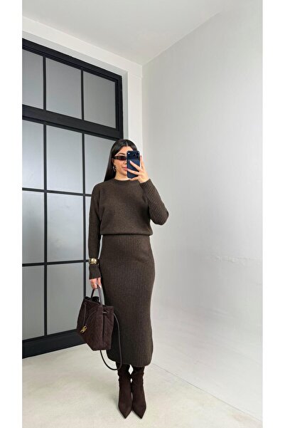 Gaus Acı Kahve Yumuşak Dokulu Triko Elbise GAUS-01083