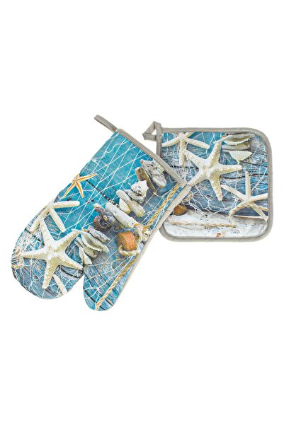 OEM Γάντι φούρνου και χαρτοπετσέτα σε μπεζ χρώμα με κοχύλια αστερία - 2 τεμάχια