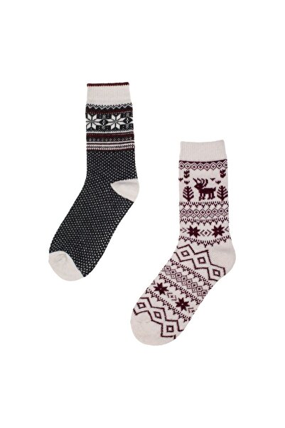 OEM Ecru Red Green Snowflakes Winter Socks for Women (36-41) - 2 pairs