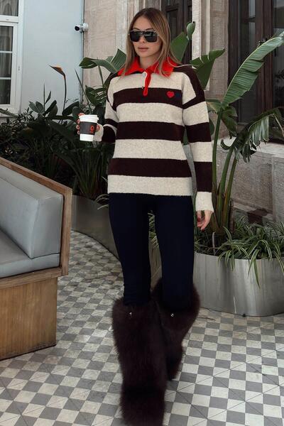Swist Brown Polo Collar Paneled Thick Striped Heart Embroidered Women's Knitw...