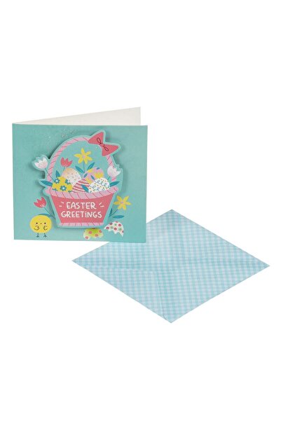 OEM 3D Easter Card Glitter Egg Basket & Blue Checkered Envelope 9.5x9.5cm