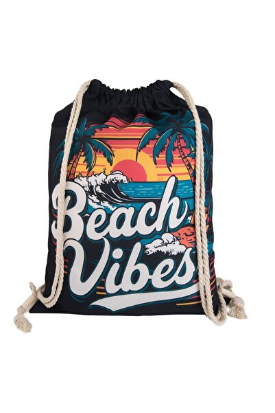 OEM Black Backpack with Palm Trees Beach Pattern "Summer vibes" 33.5x44cm