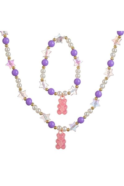 OEM Set Colier & Bratara cu Margele Mov Albe Stele * Ursulet Suspendat pentru...