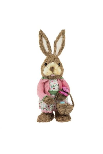 OEM Decorative Easter Figurine Bunny with Pink Floral Dress and Basket of Egg...