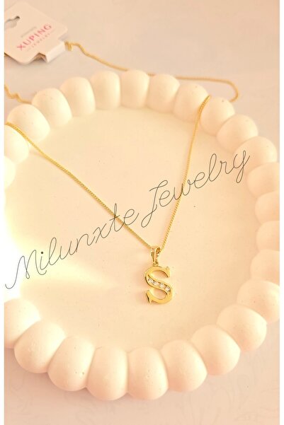 MİLUNXTE Xuping S Harfli Kadın Gold Renk Zirkon Taşlı Çelik Harf Kolye
