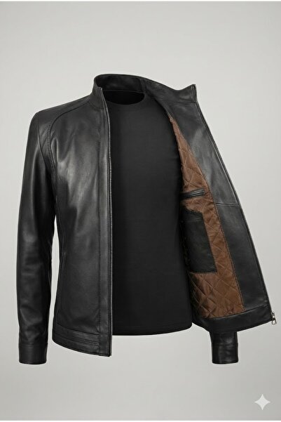 Verra Hakiki Deri Siyah Erkek Mont - Hakim Yaka Kapitone Astarlı Özel Tasarım