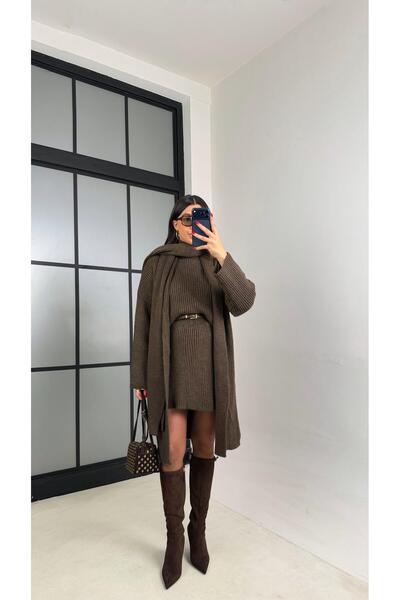 Gaus Kahve Şal Detaylı Hırka Kazak Beli Lastikli Etek Triko Takım GAUS-01039