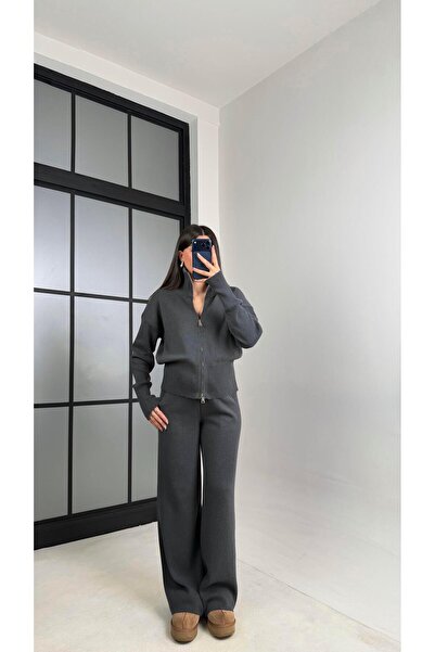 Gaus Anthracite Double Zipper Cardigan Elastic Waist Pants Knitwear Set Gaus-...