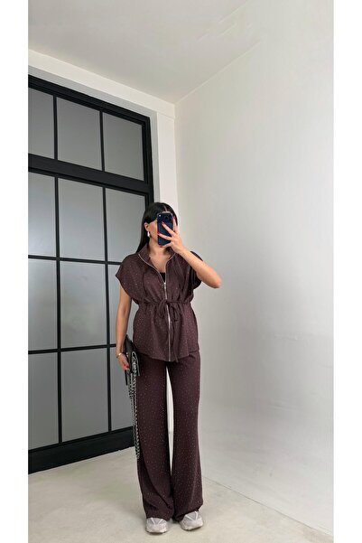 Gaus Kahve Beli Lastikli Hırka Pantolon Taşlı Modal Takım GAUS-01064