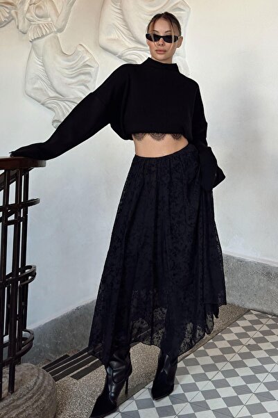 Swist Black Elastic Waist Lined Flock Printed Asymmetrical Women's Midi Skirt