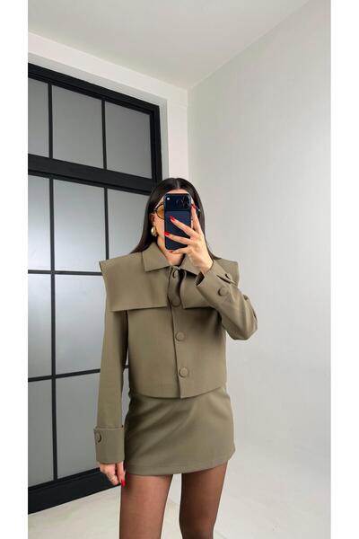 Gaus Haki Astarlı Düğme Detaylı Kare Yaka Ceket Etek Premium Kumaş Takım GAUS...