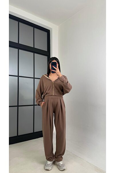 Gaus Kahve Hırka Beli Lastikli Pantolon Premium Modal Takım GAUS-01023